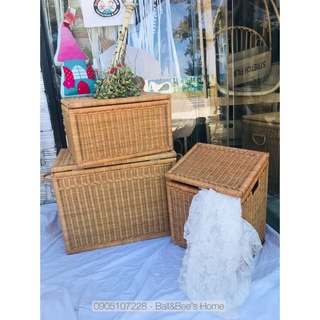 Thùng có nắp đậy đựng đồ và trang trí studio- được làm từ mây tự nhiên - phong cách vinatge/ đạo cụ