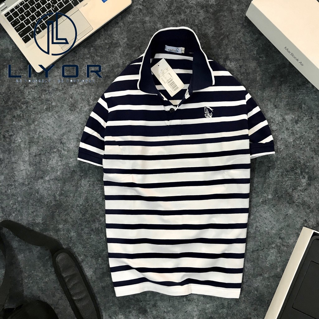 Áo thun nam (HỖ TRỢ ĐỔI SIZE) có cổ trung niên cao cấp sọc thêu hình độc đáo - Liyor