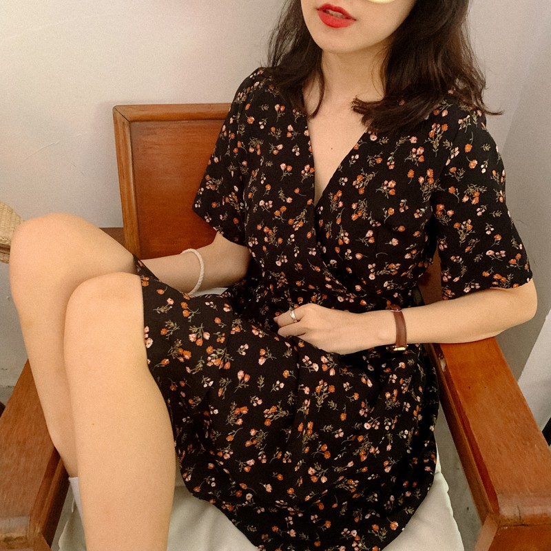 Đầm Ngắn Voan Hoa nhí Cổ tim Thắt eo Ngắn tay Dáng chữ A Ulzzang Hàn Quốc Đầm Voan Hoa nhí Ngắn Cổ V Thời trang | BigBuy360 - bigbuy360.vn