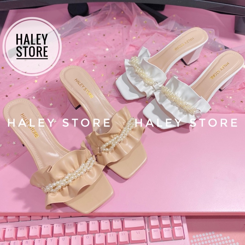 Guốc nữ 5p gót vuông trong suốt bèo nhún nhúm đính ngọc châu đi chơi đi tiệc đi du lịch HALEY STORE