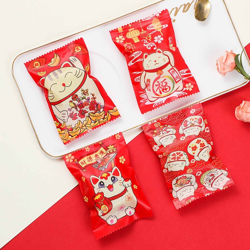 Set 100 túi đựng bánh in hình mèo may mắn và hoa tuyết phong cách Trung Hoa