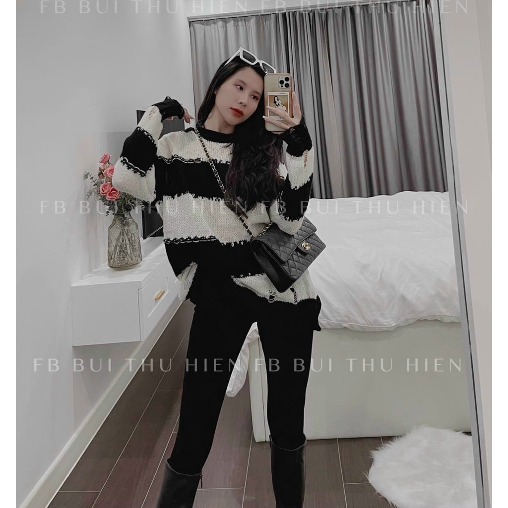 Áo len rách kẻ ngang form rộng giấu quần bigsize mặc được
