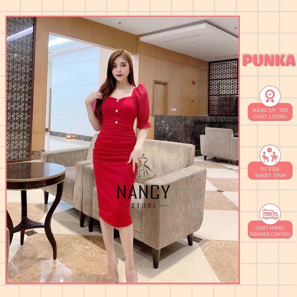 Váy đầm nữ body cao cấp sang chảnh cổ vuông, tay bồng, ngọc đính dự tiệc công sở