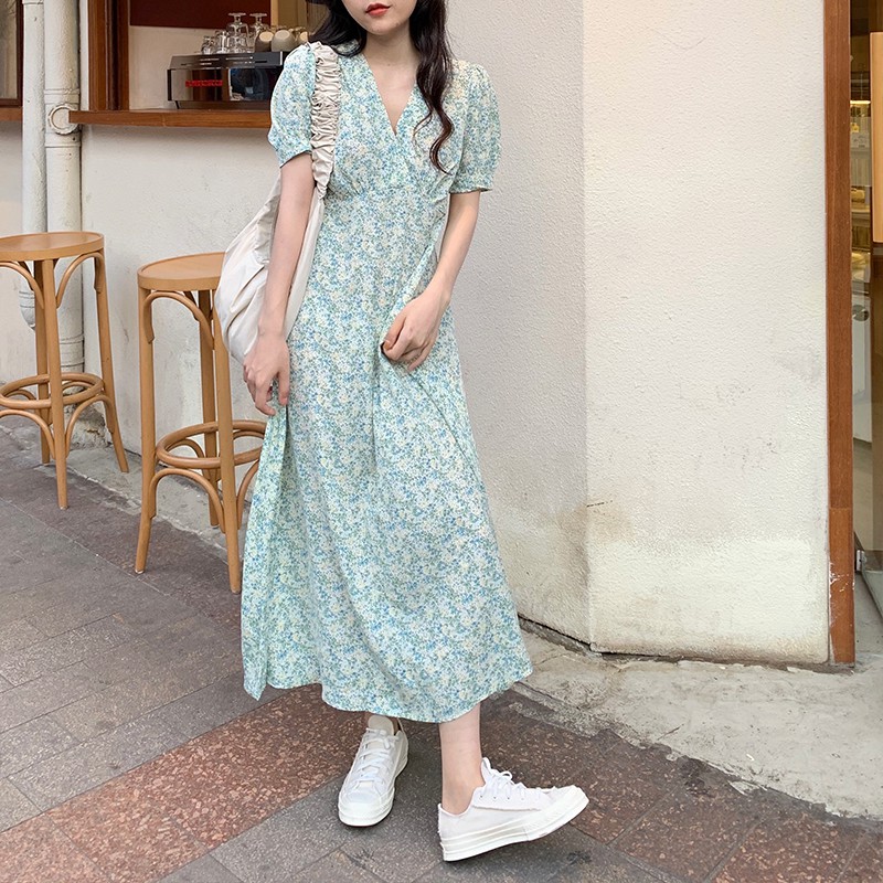 Đầm Maxi Nữ Tay Ngắn Cổ Chữ V Họa Tiết Hoa Phong Cách Hàn Quốc | BigBuy360 - bigbuy360.vn