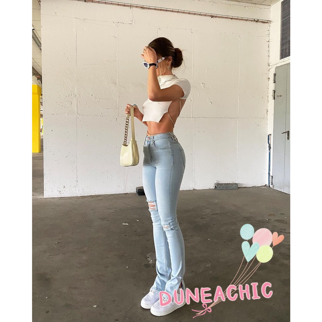 Quần jean DUNEA ôm dáng thiết kế rách gối cá tính thời trang dành cho nữ