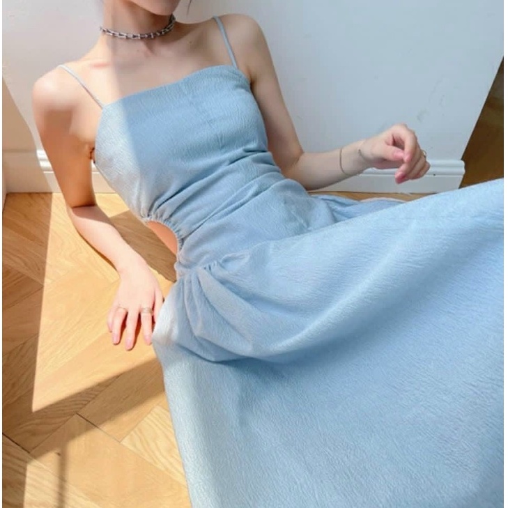 Đầm hai dây đi biển khoét eo dáng xòe váy nữ dự tiệc du lịch dạo phố