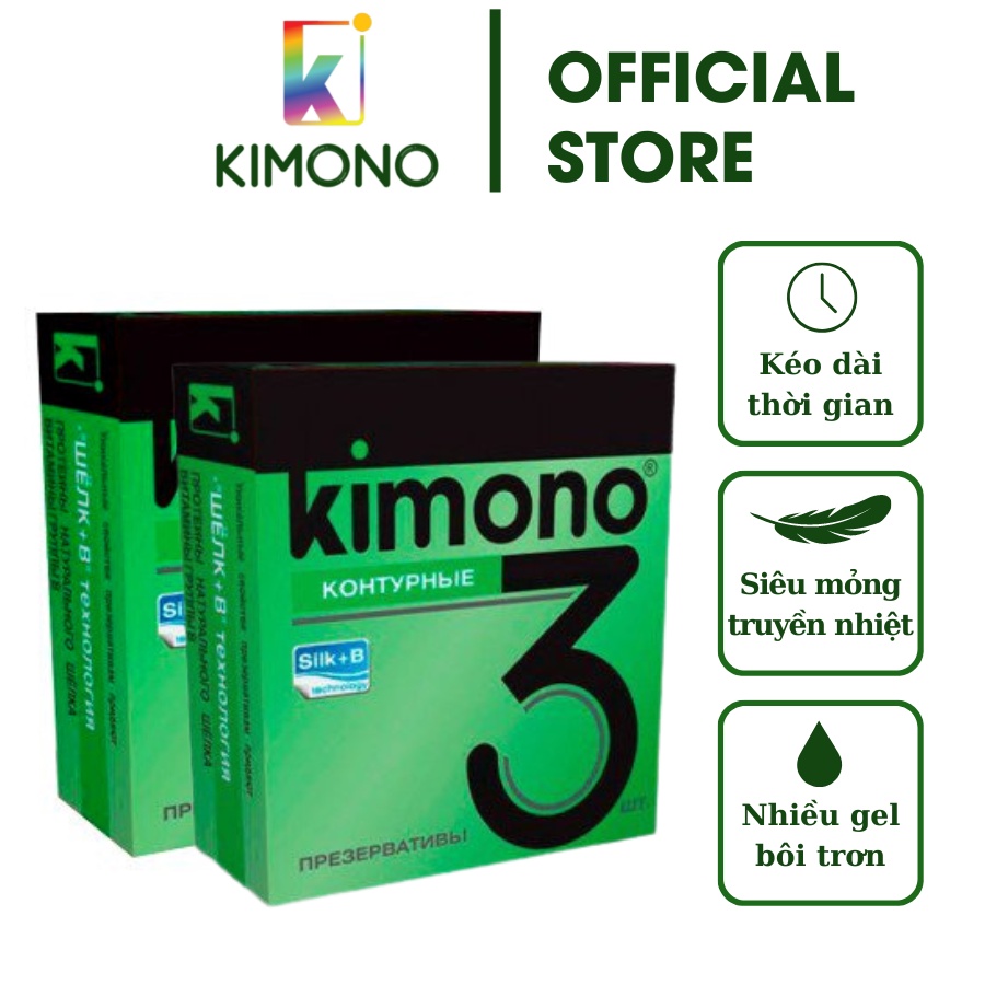 Bao cao su kéo dài thời gian siêu mỏng Kimono màu xanh lá 0.03mm hộp 3 cái combo 2 hộp
