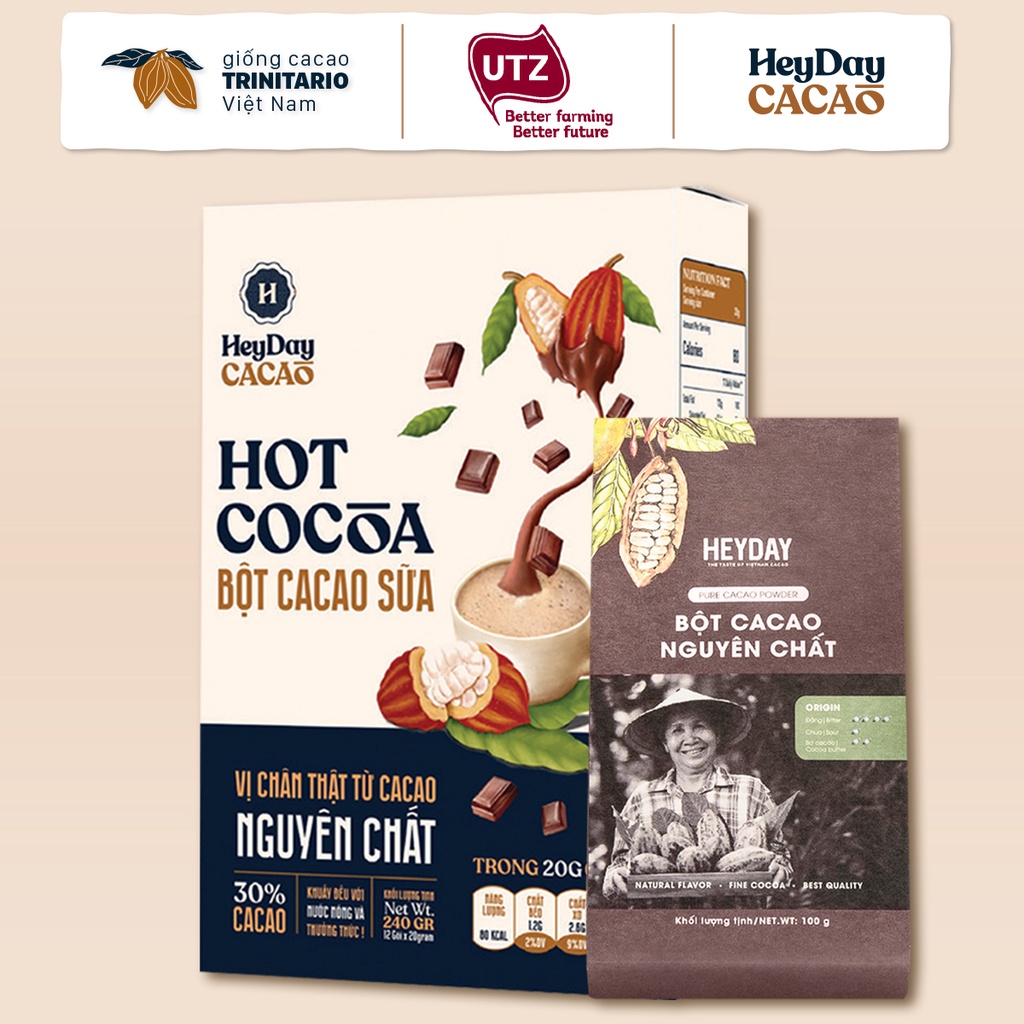 Combo Bột Cacao Sữa Heyday - Hộp Giấy 12 Gói x 20g và Bột cacao nguyên chất dòng Origin túi 100g