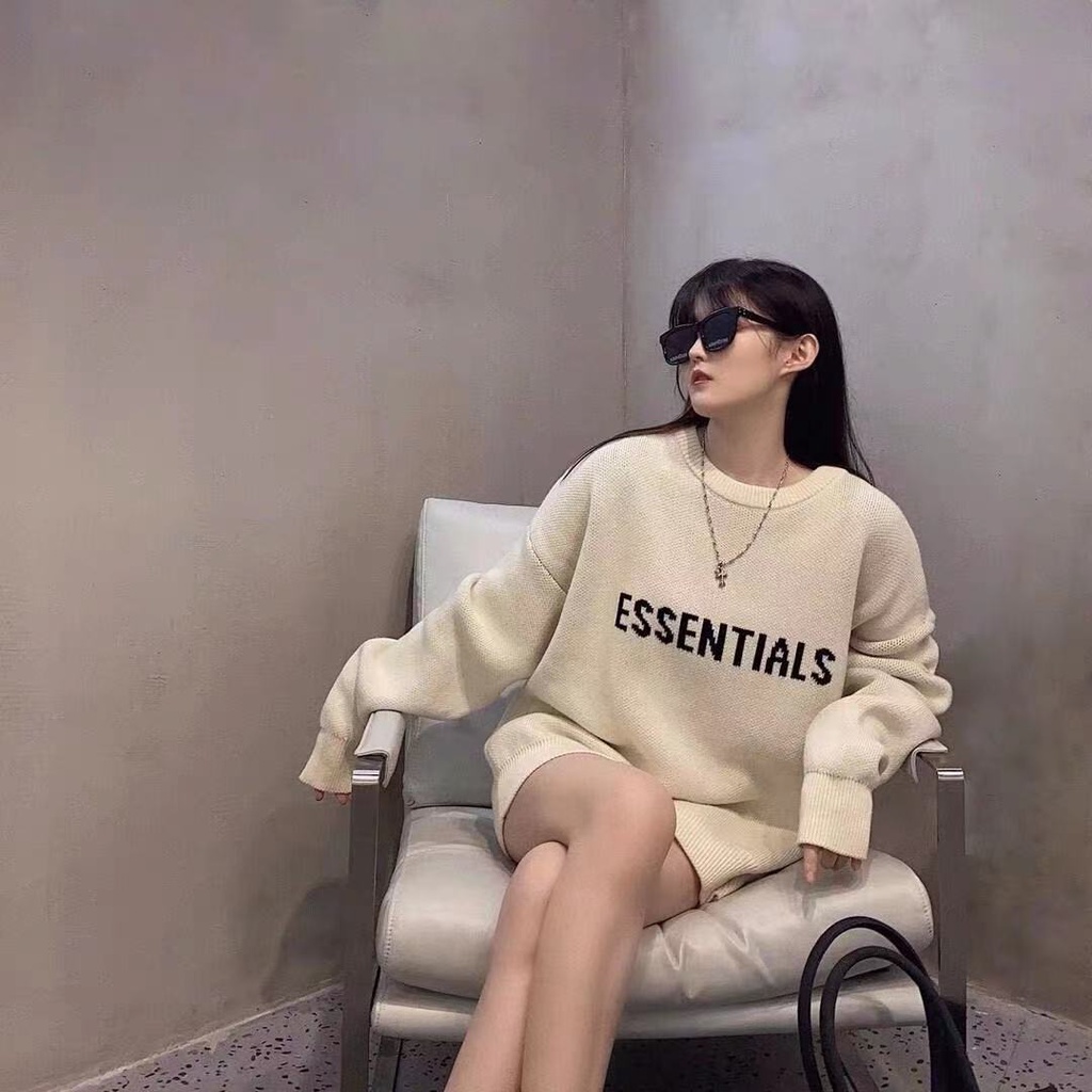 Fear OF GOD FOG Duplex ESSENTIALS Áo Sweater dệt kim tay dài in chữ phong cách đường phố cho cặp đôi