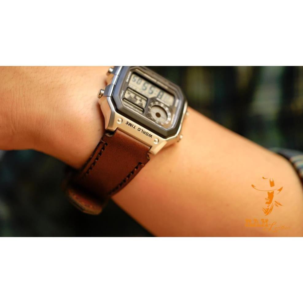(TẶNG KHÓA+CHỐT+CÂY THAY DÂY) DÂY ĐỒNG HỒ CHO CASIO AE1200 /SEIKO DA BÒ 1981 NÂU ĐỎ *