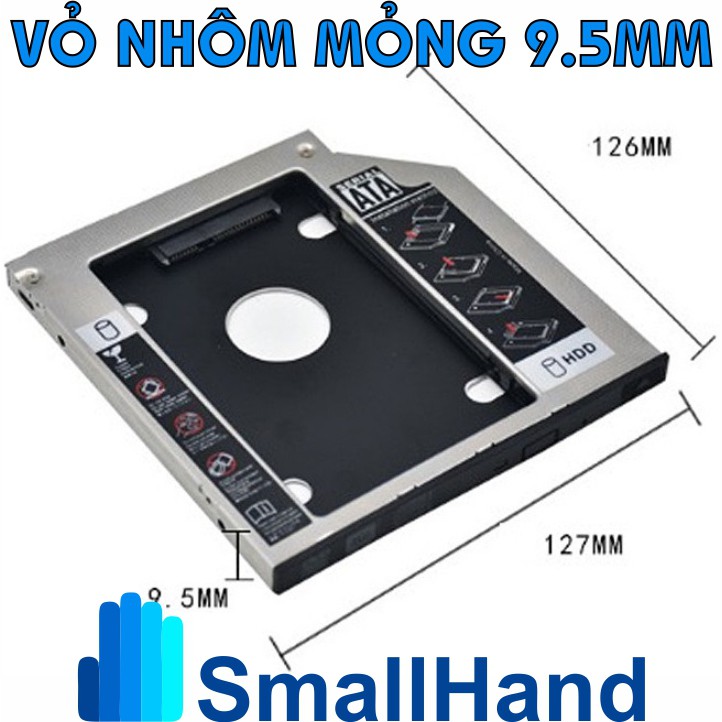 Caddy Bay nhôm 9.5mm - Sata3 cho SSD và HDD 2,5” – Khay ổ cứng thay thế ổ DVD