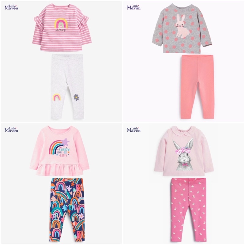 Bộ cotton dài tay bé gái Little Maven cầu vồng và thỏ sz 2-7Y