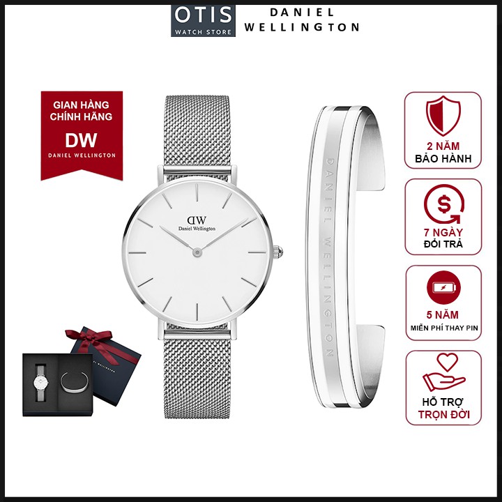 [𝐆𝐈𝐅𝐓 𝐒𝐄𝐓]Đồng Hồ Nữ Daniel Wellington Classic Petite Sterling White & Vòng Tay DW Slim Cuff Chính Hãng - OtisWatch