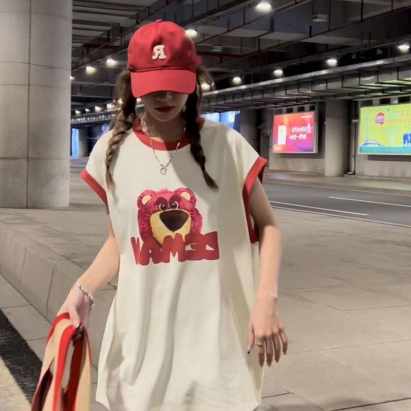 Áo Thun T-shirt Cotton Không Tay In Hình Gấu Dâu Tây Thời Trang Mùa Hè Dành Cho Nữ