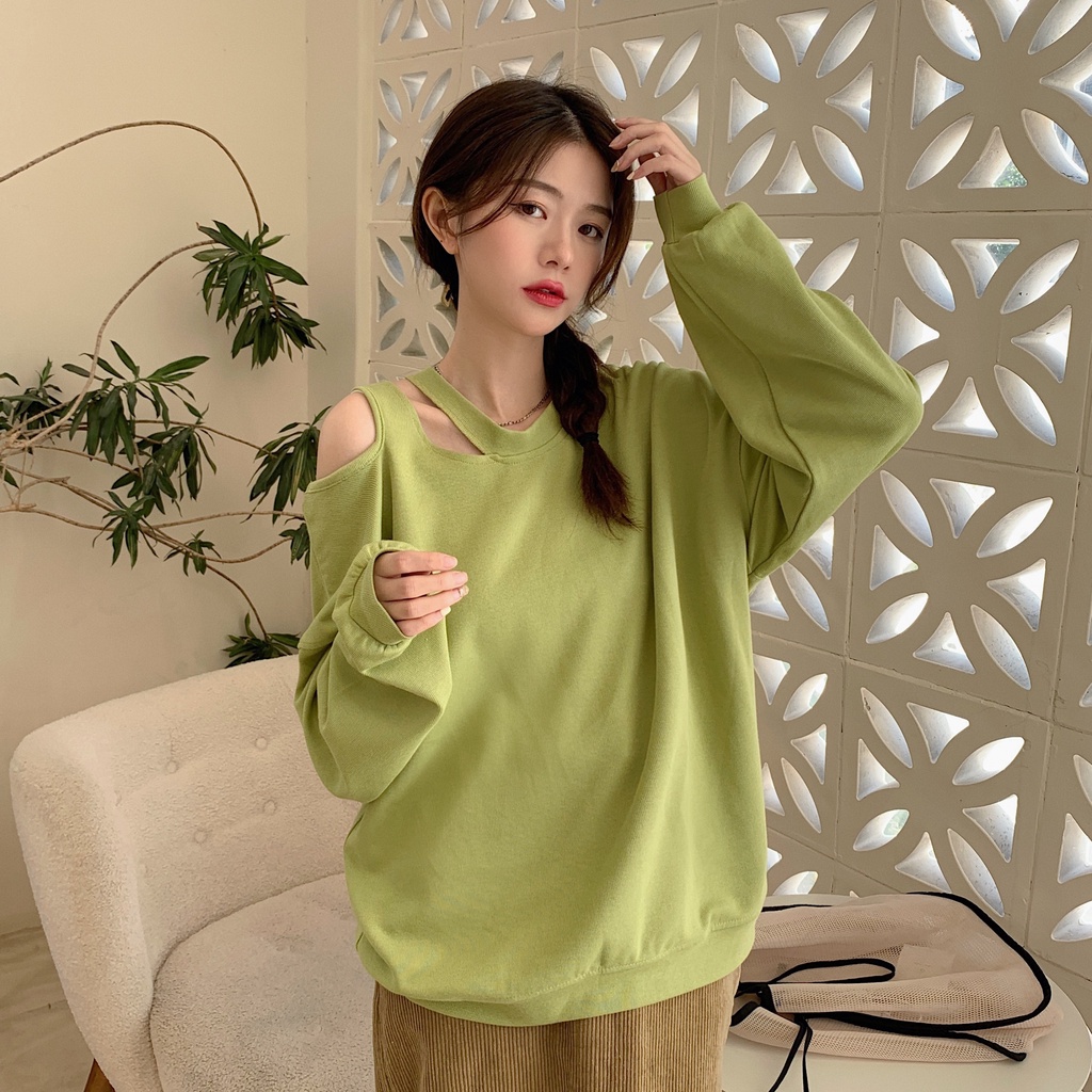 Áo sweater trễ vai dáng rộng tùy chọn màu sắc phong cách Hàn Quốc dành cho nữ