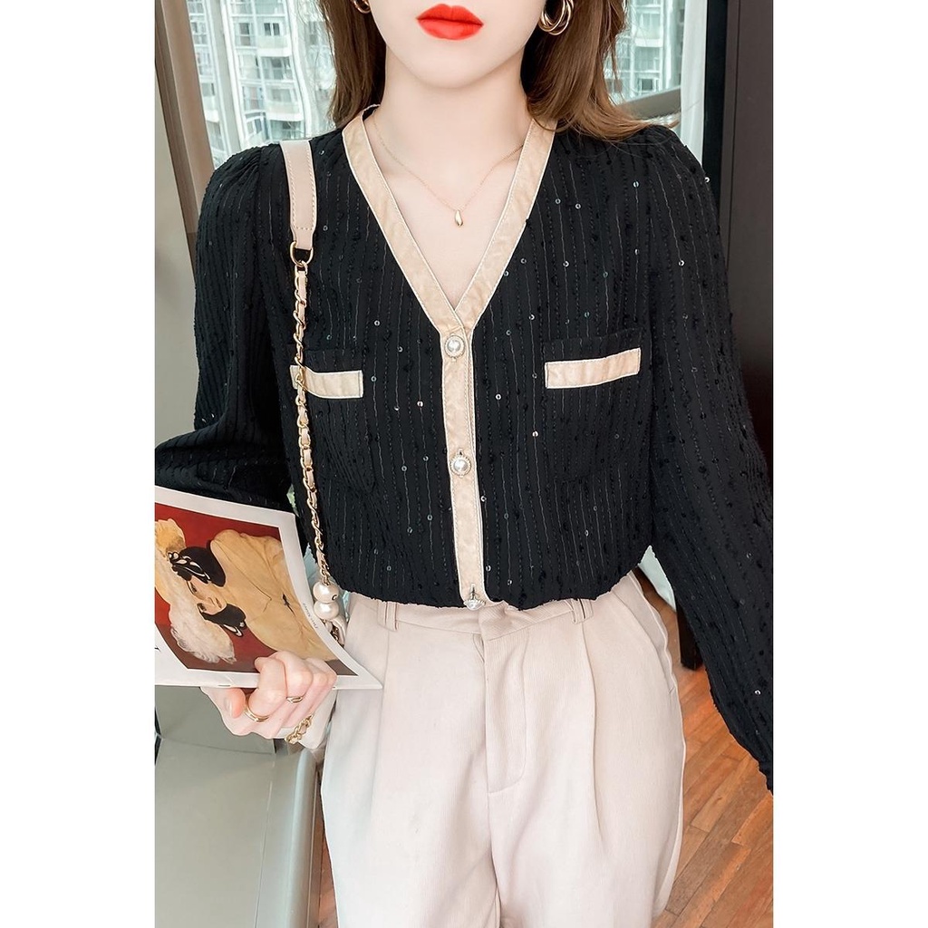Áo sơ mi cổ chữ V phối ren thời trang thu đông hàng mới 2021