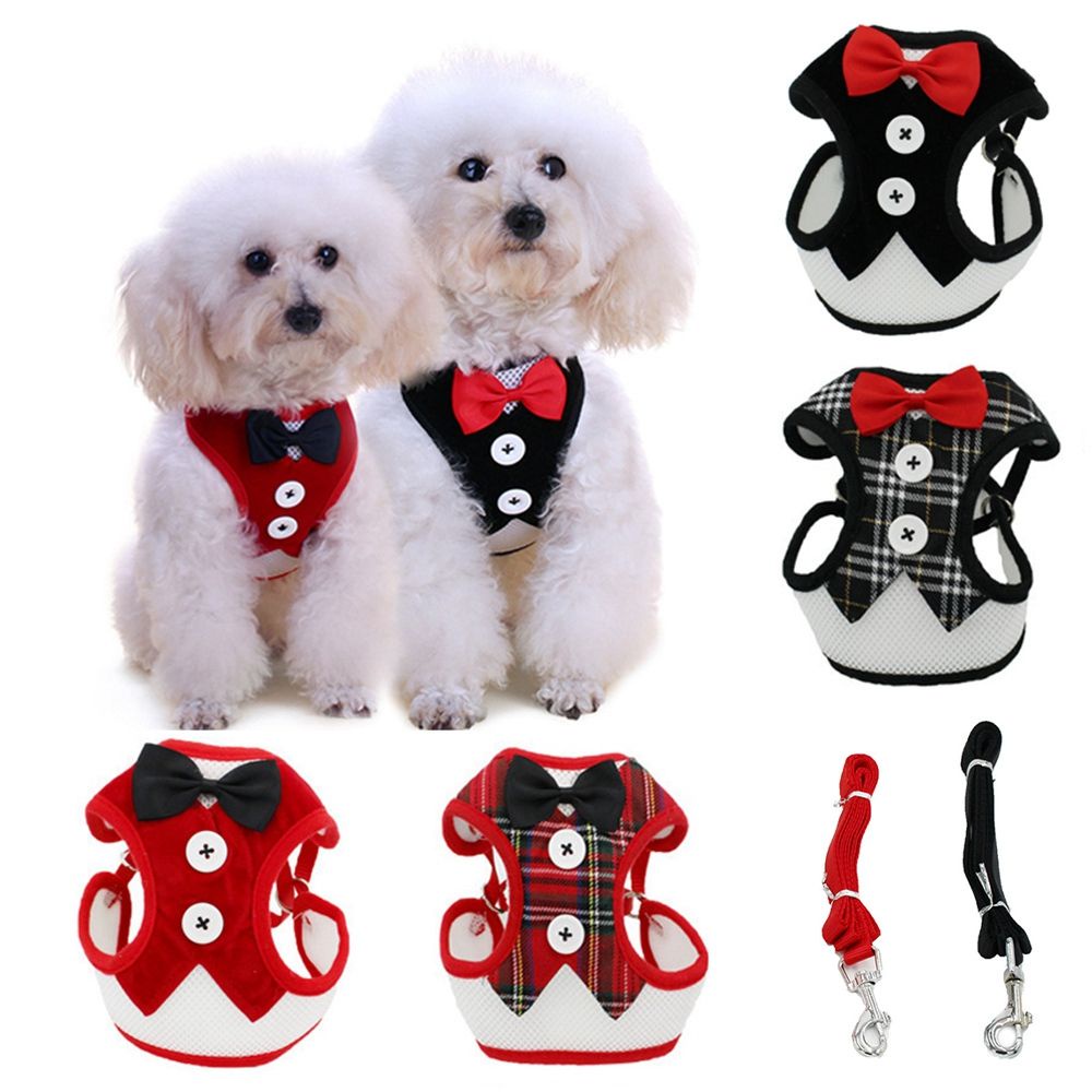 Áo vest nịt ngực đính nơ cổ dự tiệc tối có dây đai dắt thoáng mát cho cún cưng cỡ vừa và nhỏ