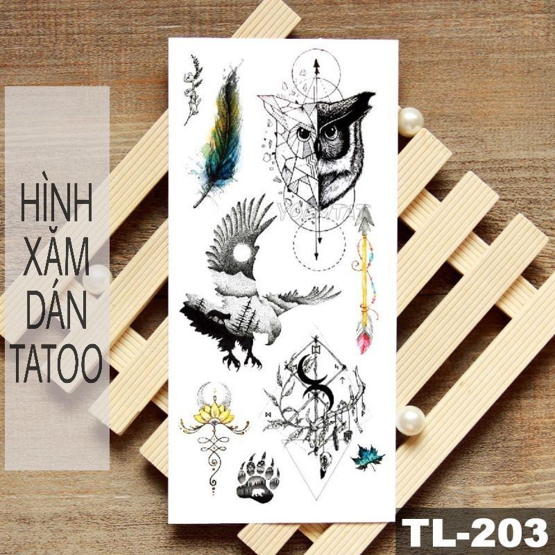 Hình xăm nghệ thuật tl203 lông vũ, chim đại bàng, cú đêm... size vừa &lt; 9x19cm