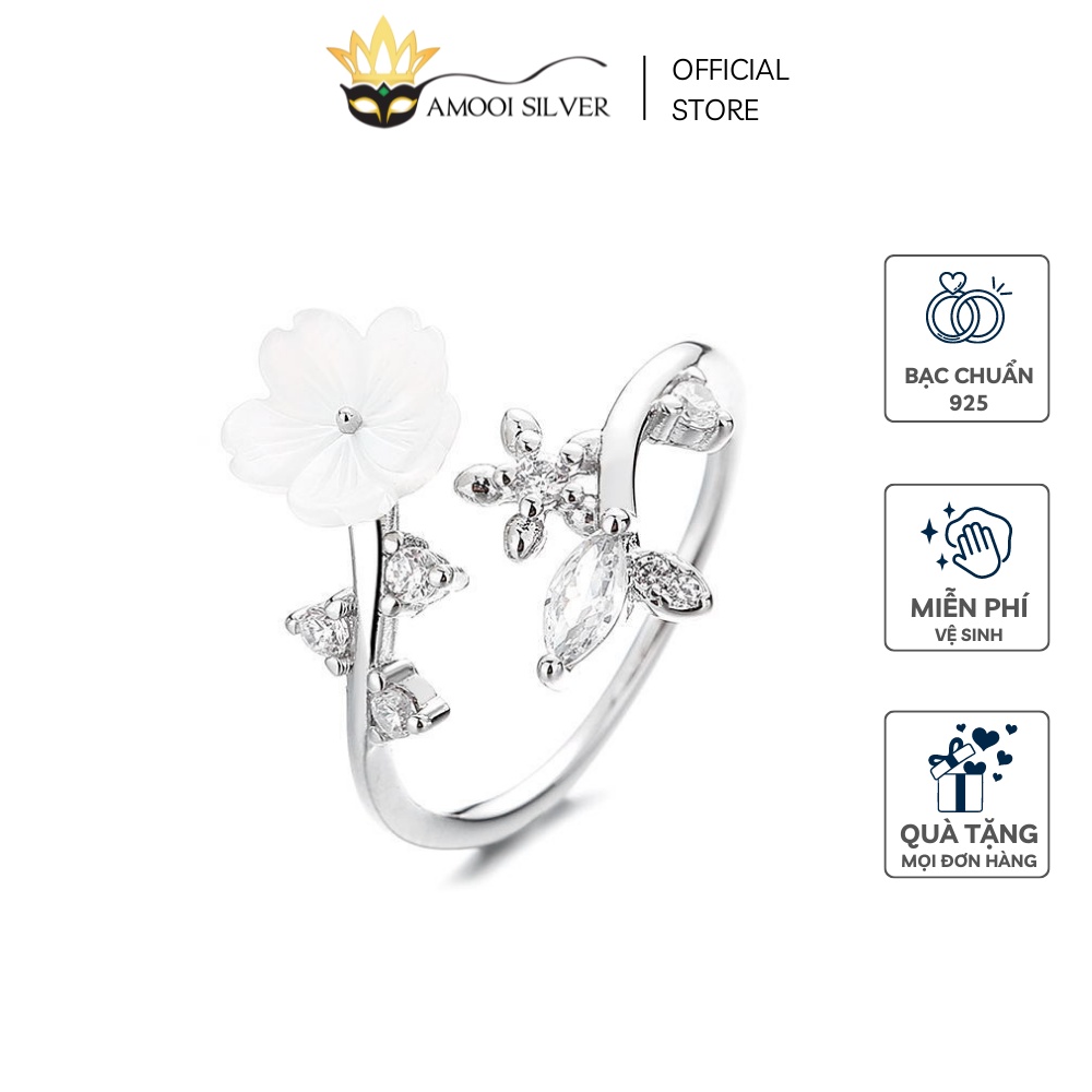 Nhẫn Bạc S925 Dạng Hở Mẫu Hoa Xà Cừ Đính Đá Freesize - Amooi Silver AN75