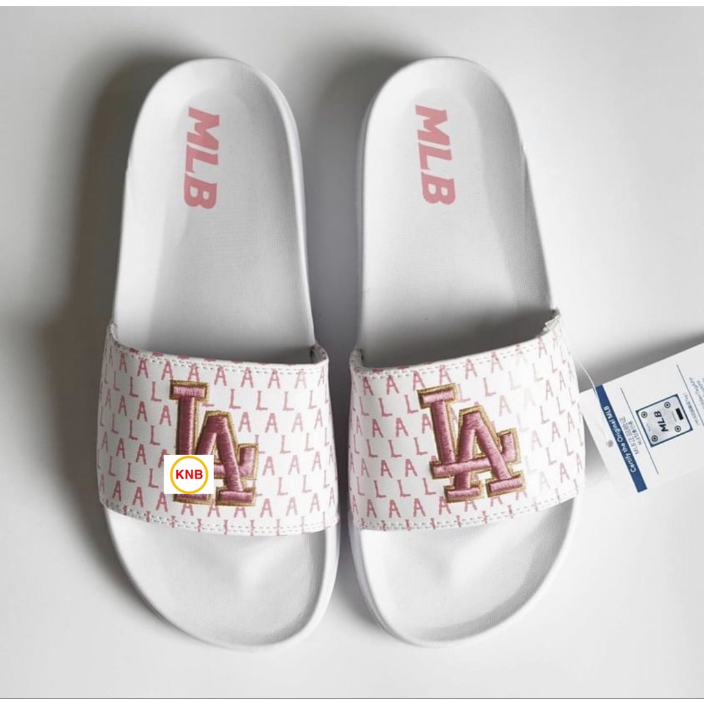 Dép 𝐌𝐋𝐁 UNISEX mẫu dép thể thao ❤️Freeship + Hộp ❤️ Dép LA bóng chày quai ngang nam nữ chữ thêu nỗi kèm tag mác - hồng