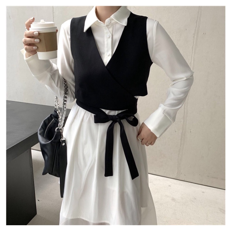 Set Váy Sơmi Trắng Tay Dài + Gile Đen Cột Dây Cá Tính