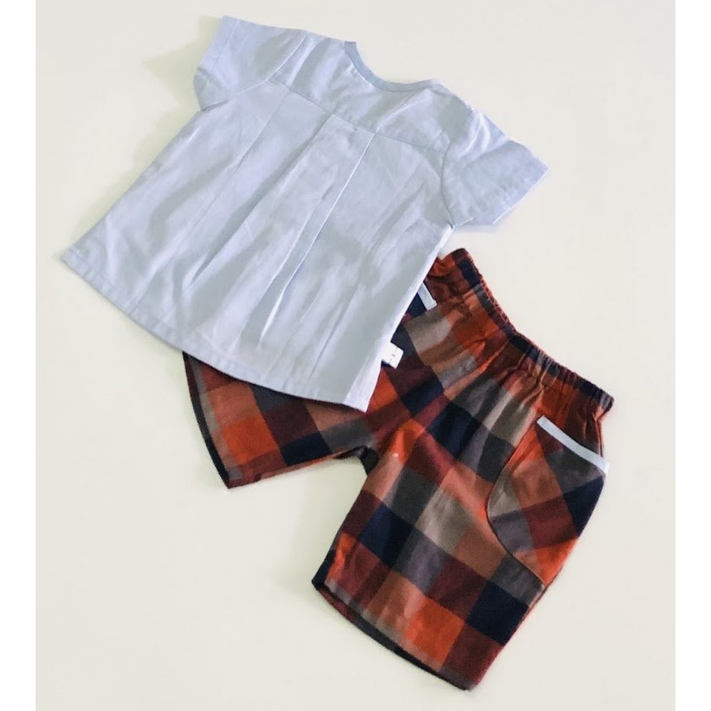 Bộ quần áo ngắn Bé trai xanh cổ viền caro đỏ cotton - AICDBTLCCQRG - AIN Closet