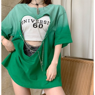 Set áo croptop 2 dây phối áo thun xanh loang màu khoét trái tim dây xích cá tính, độc đáo