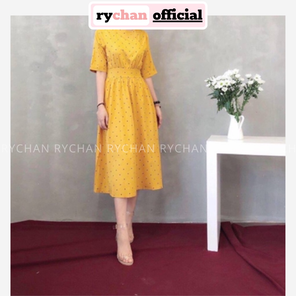 Đầm Nữ Dự Tiệc Trà Họa Tiết Chấm Bi Cổ Tròn Bo Eo Trẻ Trung Thanh Lịch Màu Vàng [ẢNH THẬT CUỐI] - DX9948