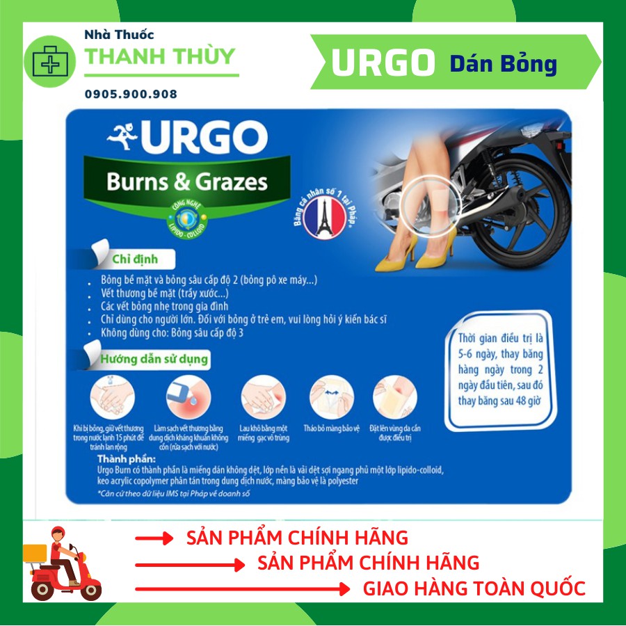 Urgo Burns &amp; Grazes 10x7cm Miếng dán Bỏng Pô Xe Máy Và Các Vết Thương Nhỏ