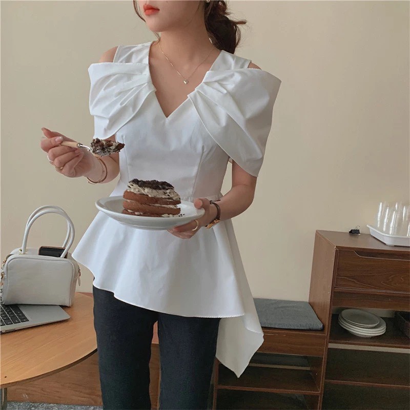 Áo peblum trắng Hở Vai Tay Nhún | BigBuy360 - bigbuy360.vn
