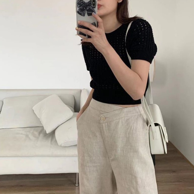 Áo Croptop Dệt Kim Tay Ngắn Cổ Tròn Màu Trơn Thời Trang Mùa Hè Cho Nữ