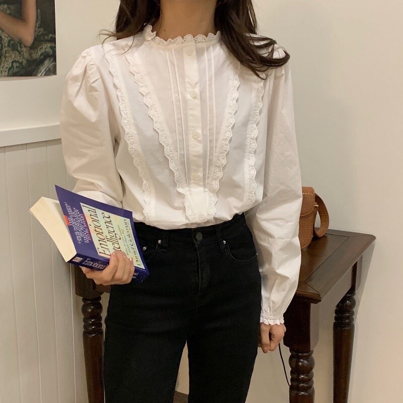 Áo sơ mi cổ tròn viền ren 2 màu - Áo babydoll viền ren chéo lệch ulzzang