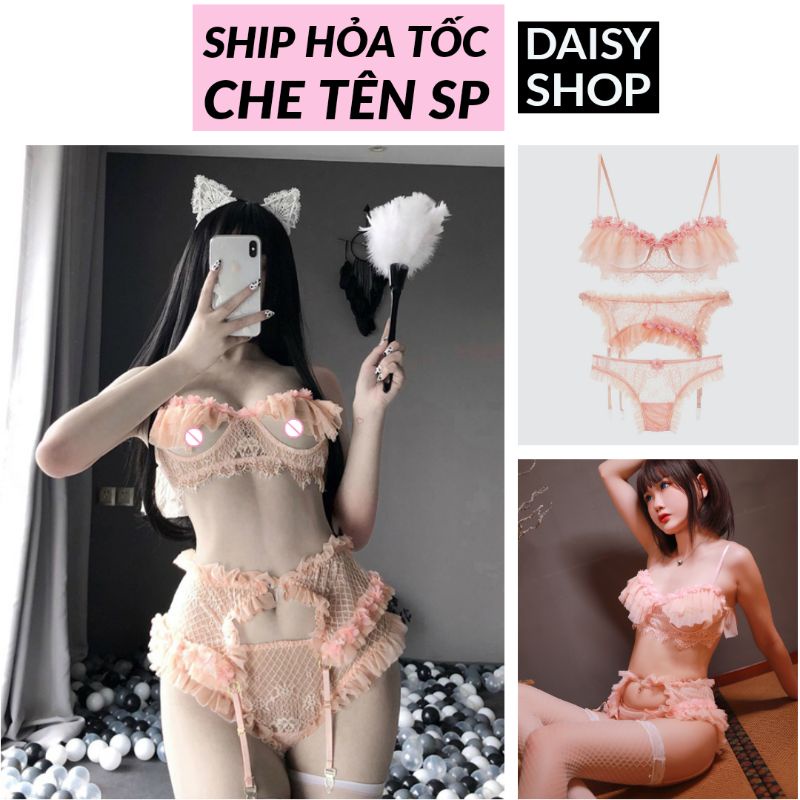 Set nội y cao cấp cam hồng ren nhún sexy - bộ đồ lót gợi cảm kèm kẹp nịt tất choker đùi