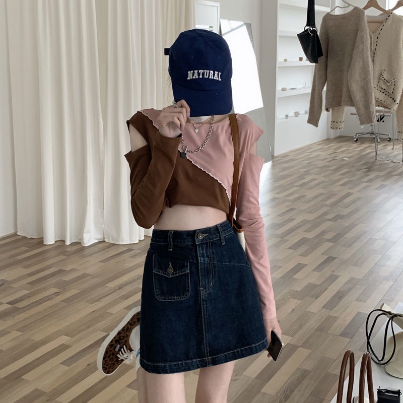 Chân váy jeans dáng chữ A lưng cao kiểu dáng thời trang mùa xuân phong cách retro dành cho nữ 2021