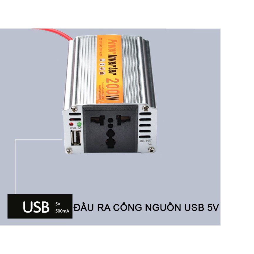 Bộ Chuyển Đổi Nguồn Điện: DC 12V Sang AC 110V/220V 200W Cho Xe Ô Tô - (Cao Cấp)