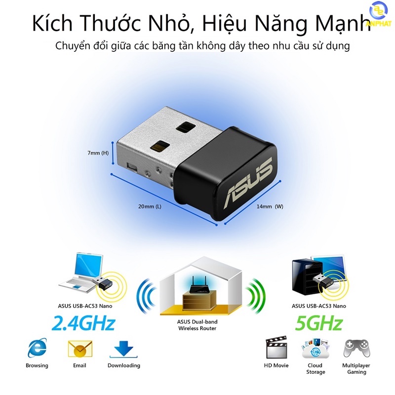 USB THU SÓNG WIFI ASUS USB-AC53 Nano Hai băng tần chuẩn AC1200Mbps usb AC53 chính hãng ASUS VN