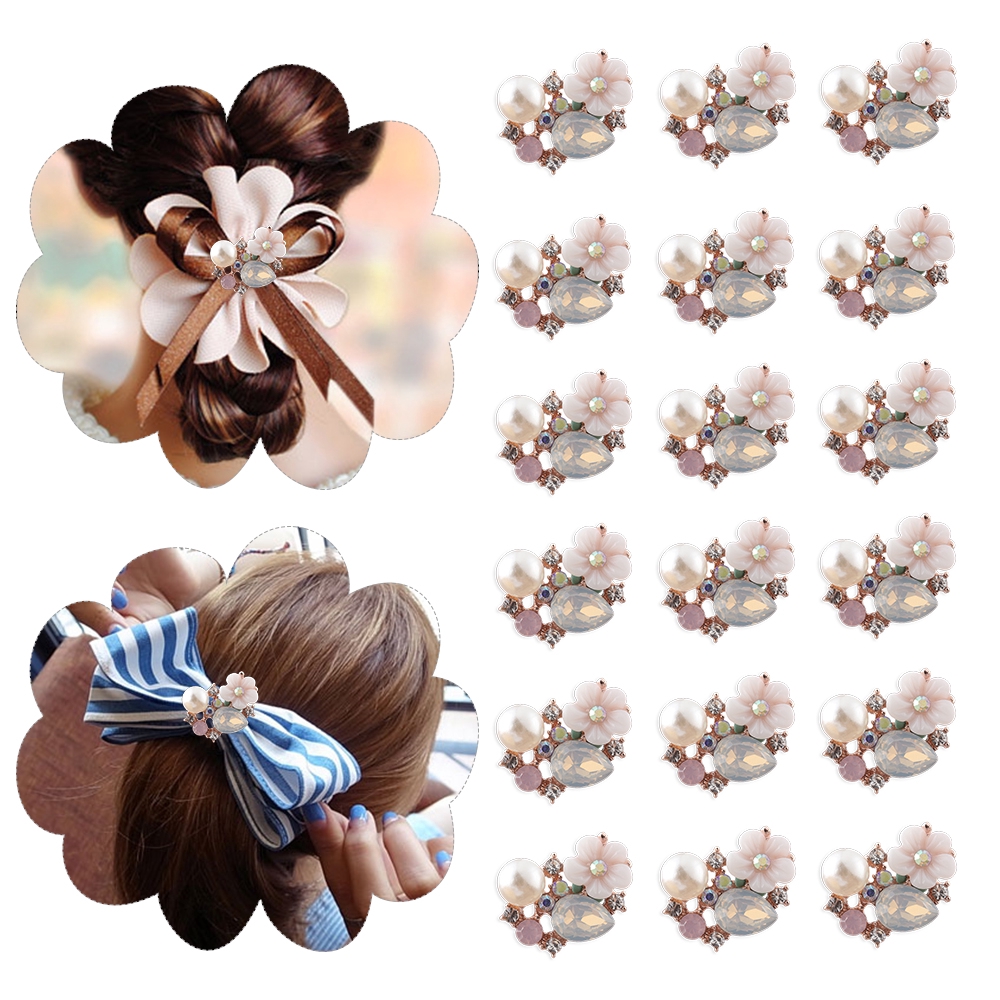 Set 10 nút hình hoa phối ngọc trai dùng trang trí làm thun cột tóc