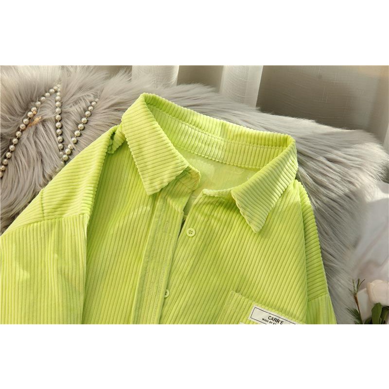 Áo Sơ Mi Nhung Kẻ Tay Dài Dáng Rộng Màu Xanh Dạ Quang Phong Cách Hàn Quốc Dành Cho Nữ