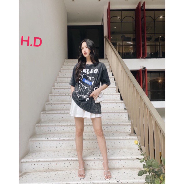 Áo phông nữ loang in hình gấu Hello' fomr thụng chất liệu cotton su (HD-T48)