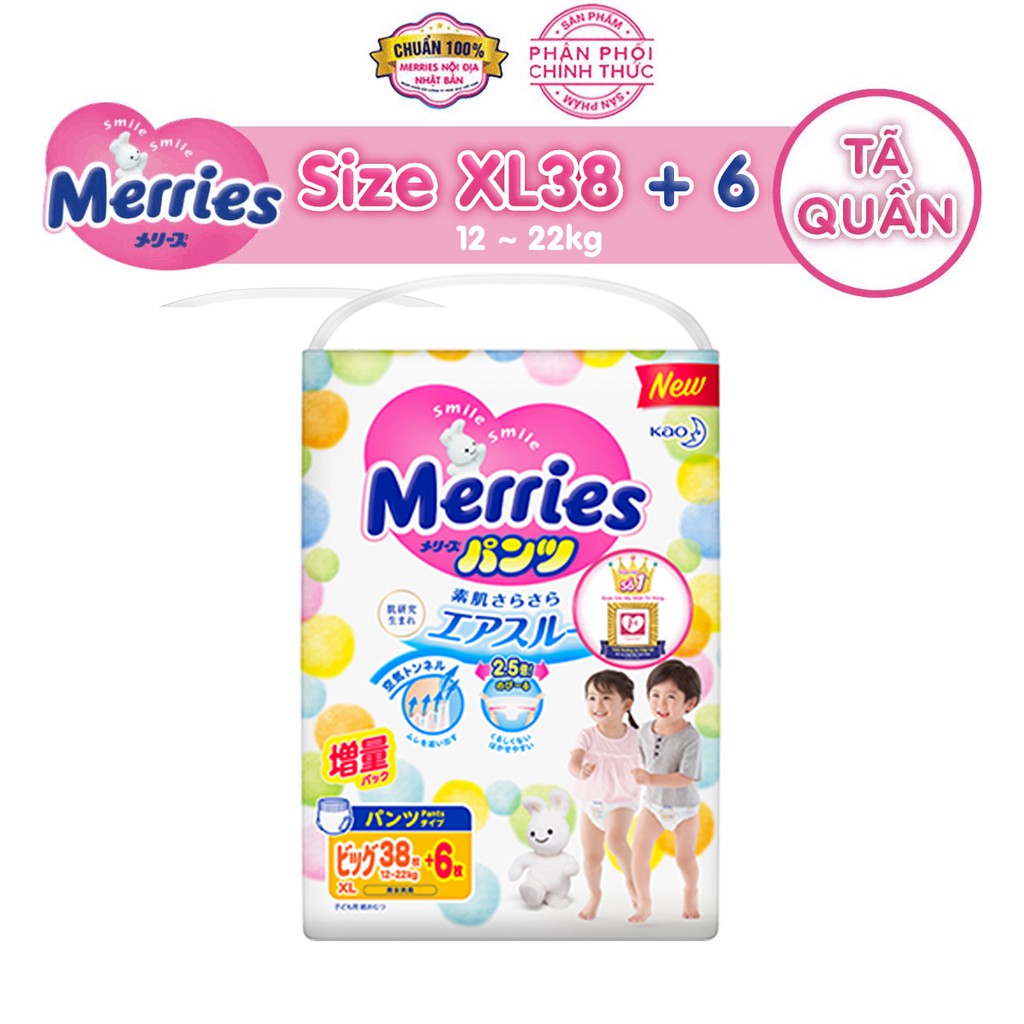 Tã/bỉm quần Merries size XL - 38 + 6 miếng (Cho bé 12 - 22kg)