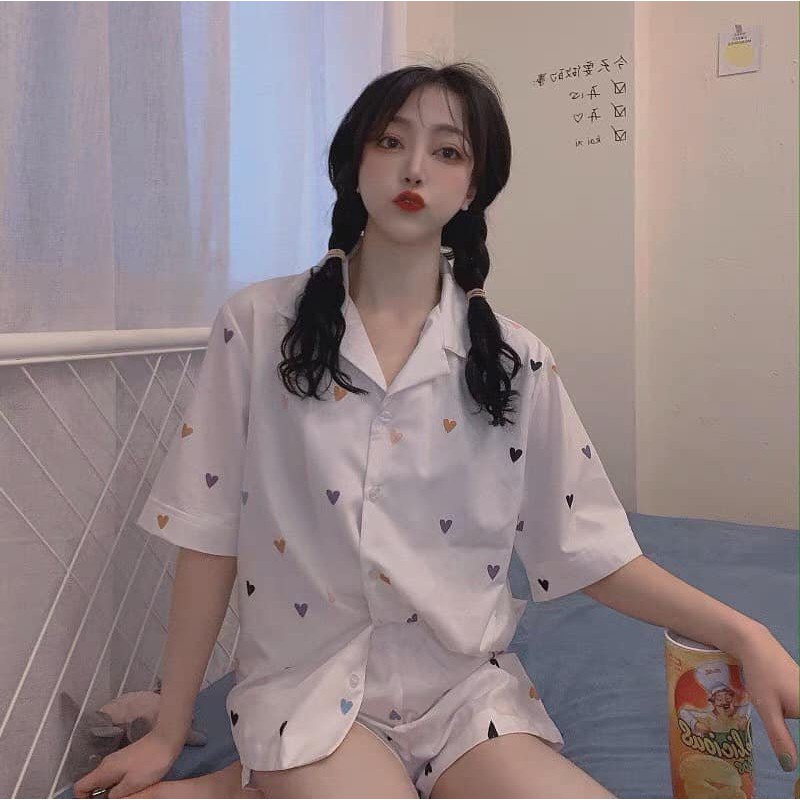 Set Bộ Ngủ Nhiều Tim Tay Lỡ Nam Nữ Unisex - Bộ ngủ pijama freesize dáng suông mặc nhà LOẠI 1 Form Rộng