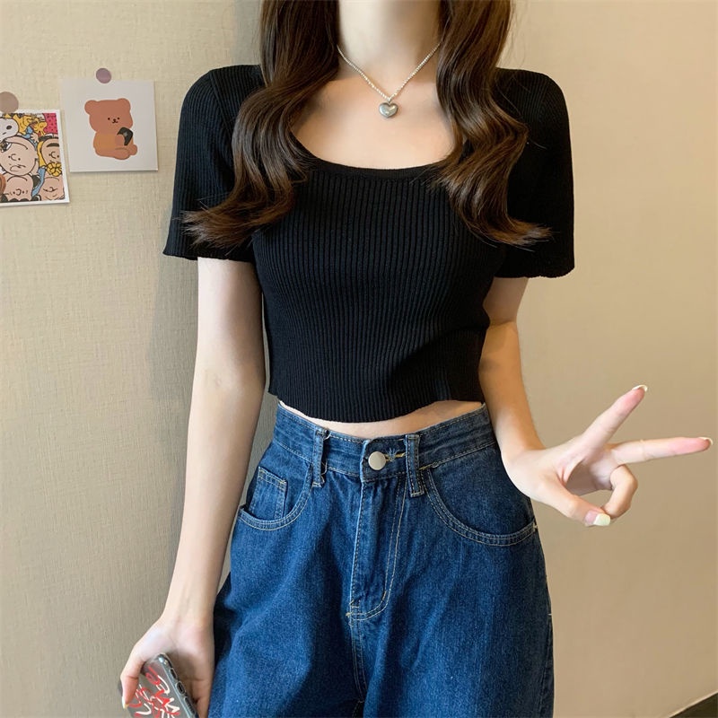 Áo thun Croptop Dệt Kim Tay Ngắn Cổ Vuông Phong Cách Hàn Quốc Thời Trang Cho Áo phông Nữ NZ-TX-251