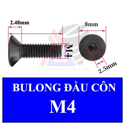 Set 10 con Bulong M4 lục giác chìm đầu côn thép đen M4 nhiều chiều dài