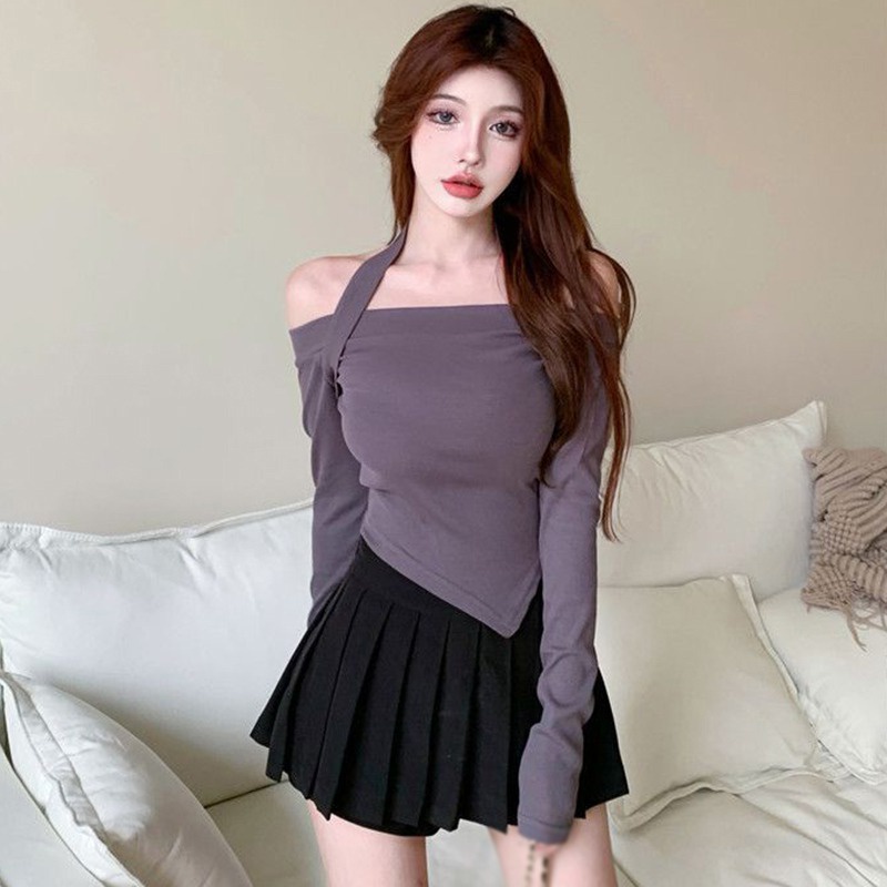Áo thun tay dài lệch vai màu trơn phong cách Hàn Quốc quyến rũ