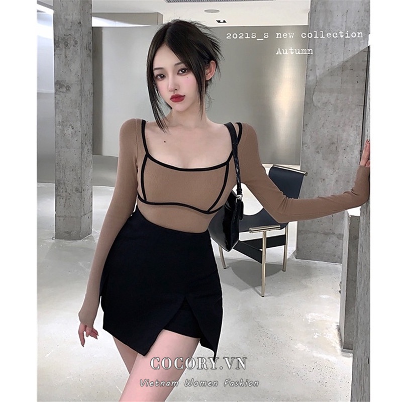 Cocory vn Bộ Áo Dệt Kim Tay Dài + Chân Váy Lưng Cao Thời Trang Quyến Rũ Cho Nữ
