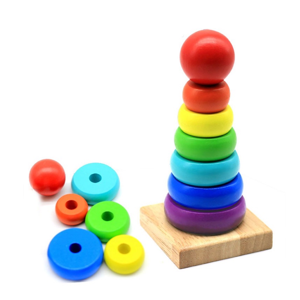 Đồ chơi gỗ cho bé tháp gỗ xếp chồng 7 màu sắc cầu vồng - đồ chơi thông minh Bonkids toys