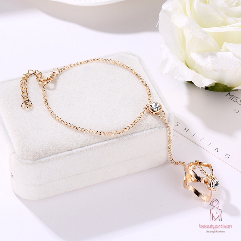 Vòng Đeo Tay Nối Nhẫn Hình Chiếc Lá Đính Kim Cương Giả Thời Trang Cho Nữ