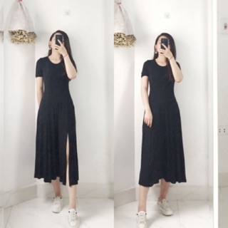 [Ảnh thật] Váy thun cotton dáng xòe sẻ đùi (đen, ghi)