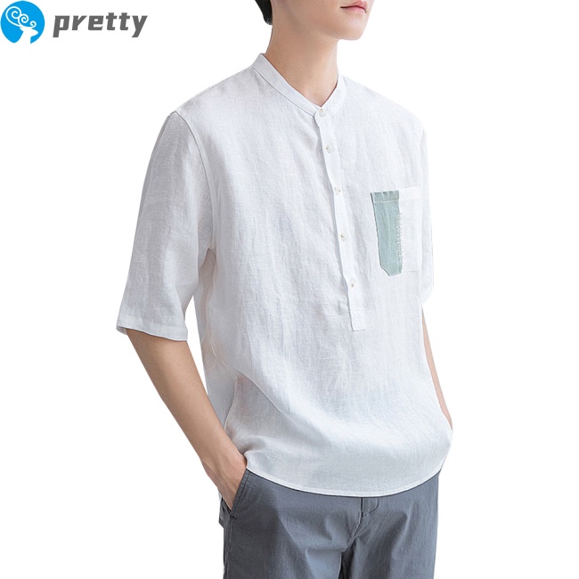 Jazeel Men  T-shirt Summer Cotton Linen Stand-up Collar Short-sleeved Casual Shirt