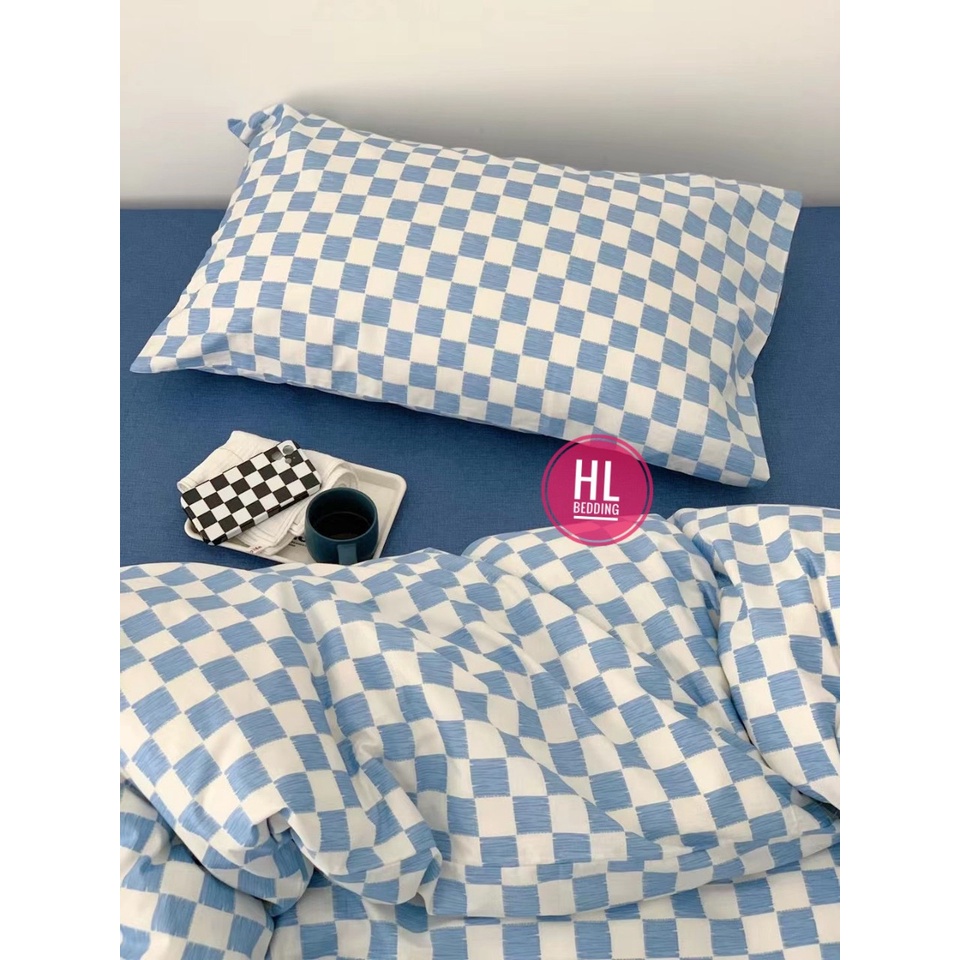 Bộ chăn ga Cotton Poly HL bedding chăn ga Hàn Quốc bàn cờ vua caro ô vuông xanh dương nhỏ đủ size miễn phí bo chun